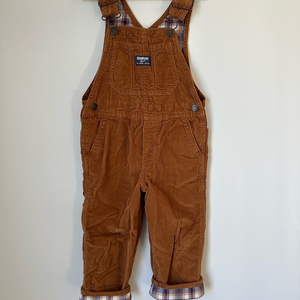 OshKosh B'gosh Brown Kids Overalls 4T with plaid cuffed bottoms- GUC